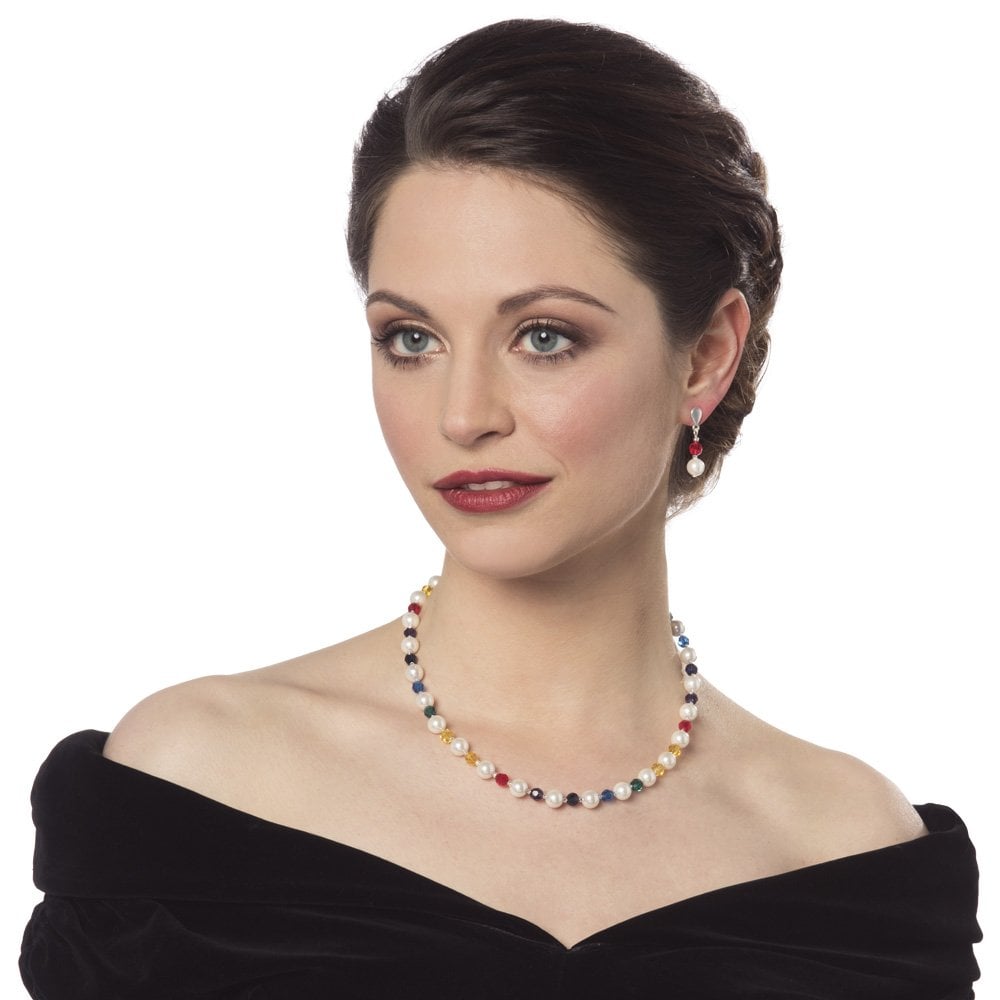 Romanza White Shell Pearl and Red Austrian Crystal Drop Clip On Earrings