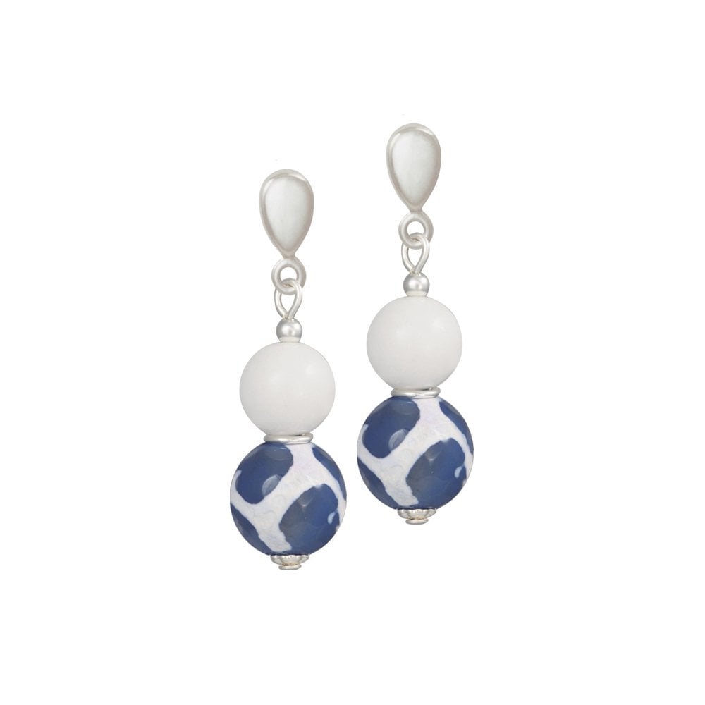 Portamento White Jade and Blue Agate Beaded Drop Clip On Earrings