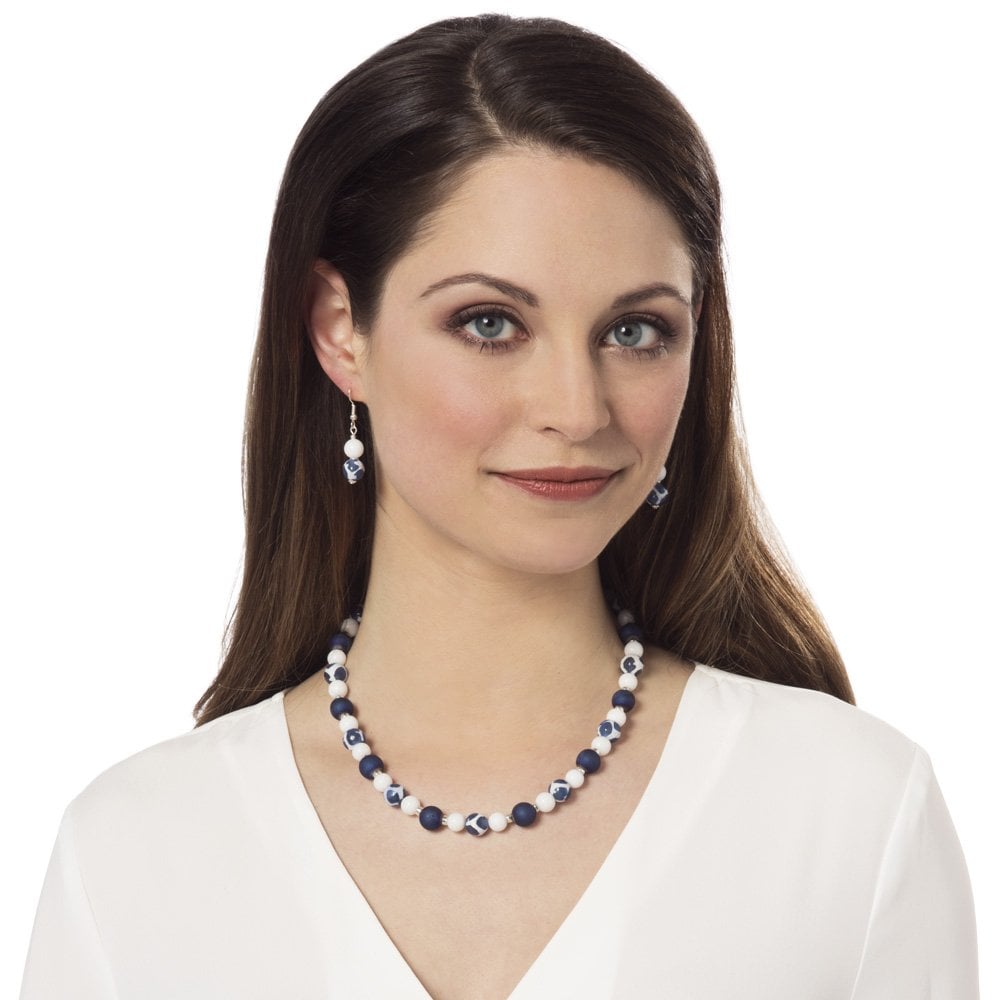 Portamento White Jade and Blue Agate Beaded Drop Clip On Earrings