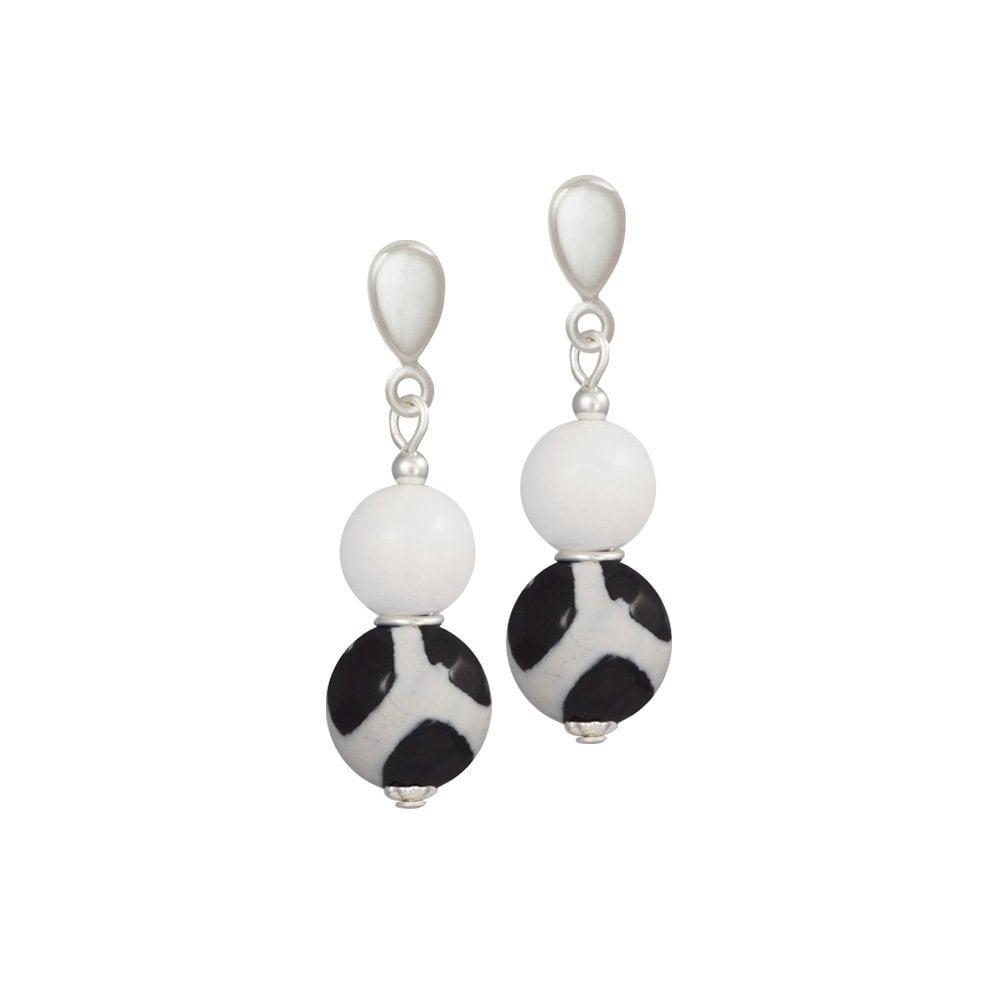 Portamento White Jade and Black Agate Beaded Drop Clip On Earrings