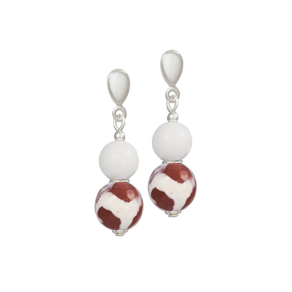Portamento White Jade and Red Agate Beaded Drop Clip On Earrings
