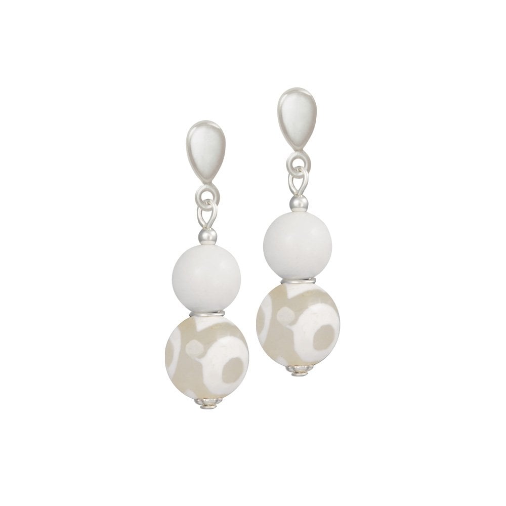 Portamento White Jade and Agate Beaded Drop Clip On Earrings