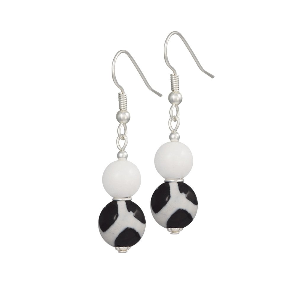 Portamento White Jade and Black Agate Beaded Drop Pierced Earrings
