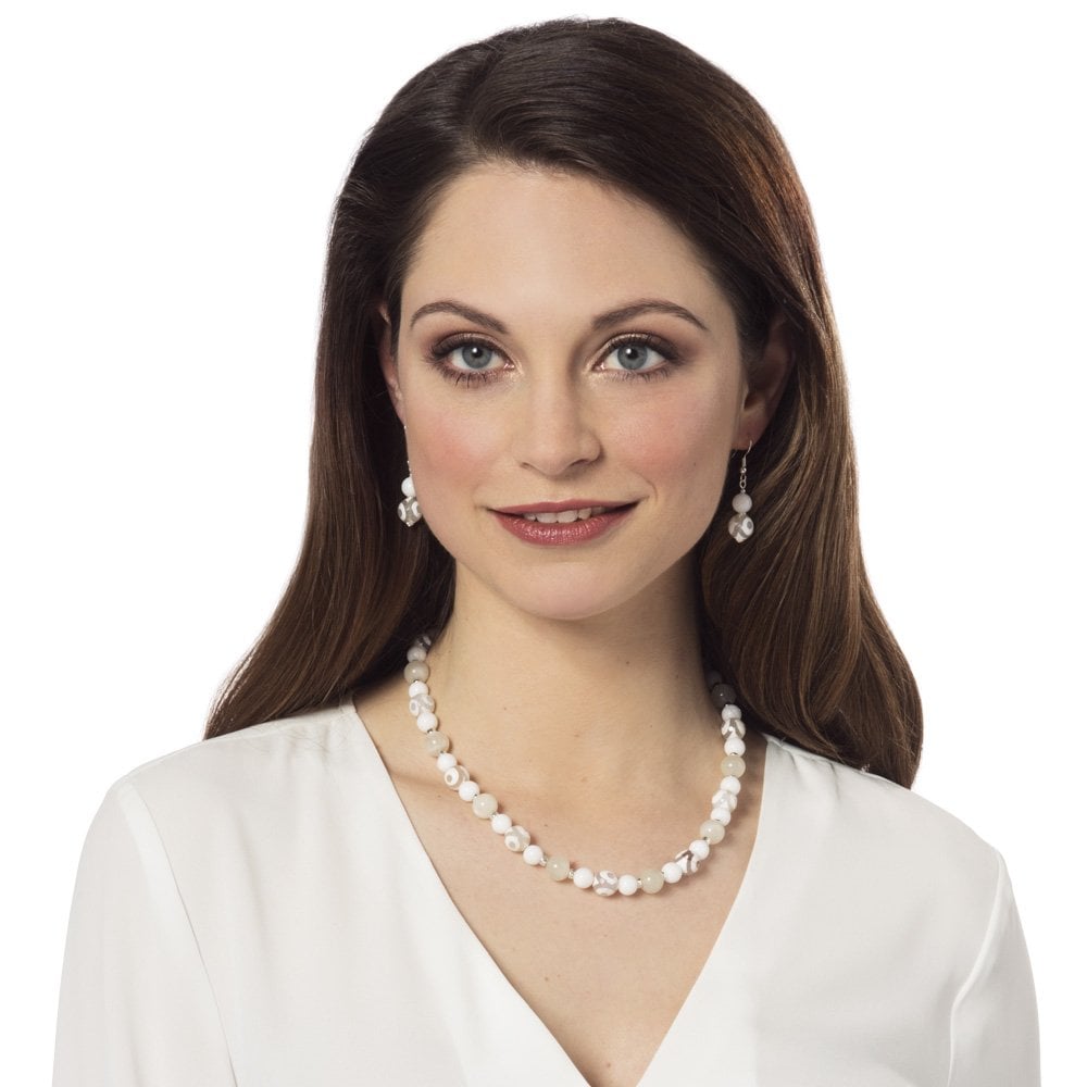 Portamento White Jade and Agate Beaded Drop Pierced Earrings