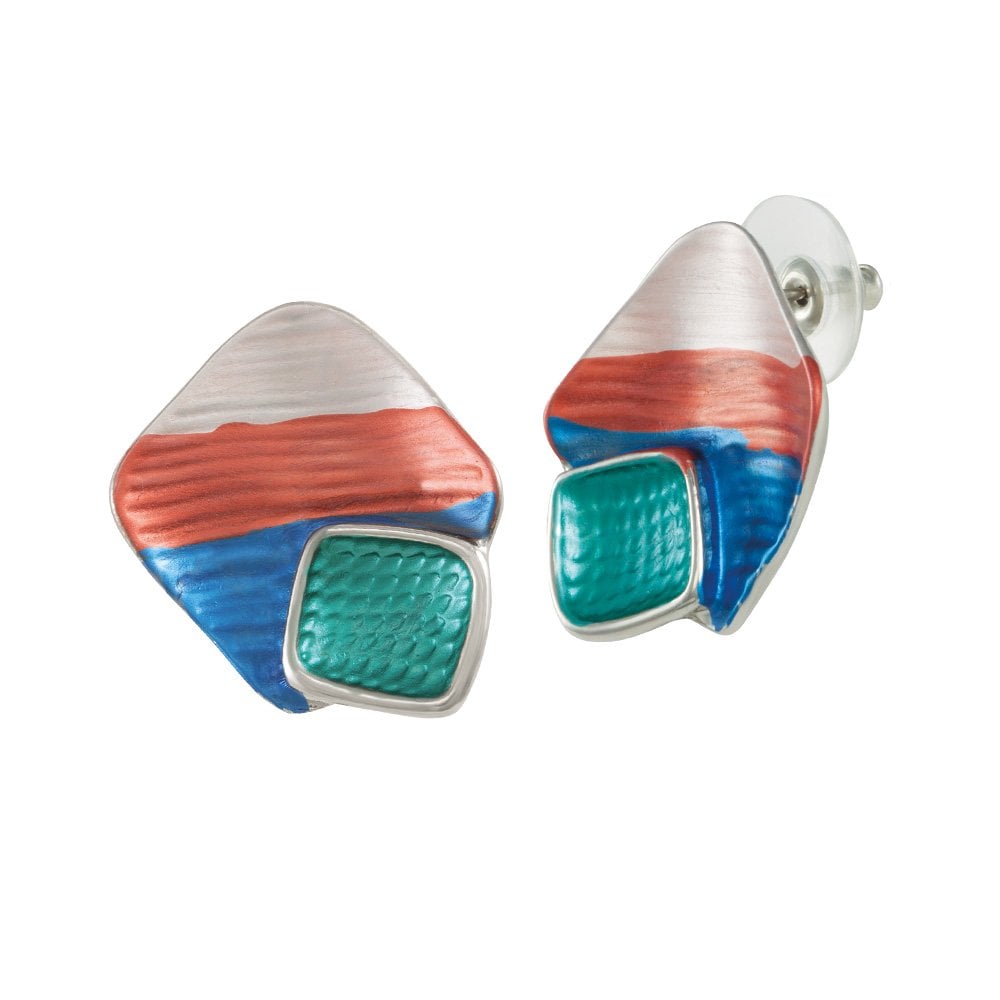 Cavalcade Teal and Red Multi Enamel Silver Tone Stud Pierced Earrings