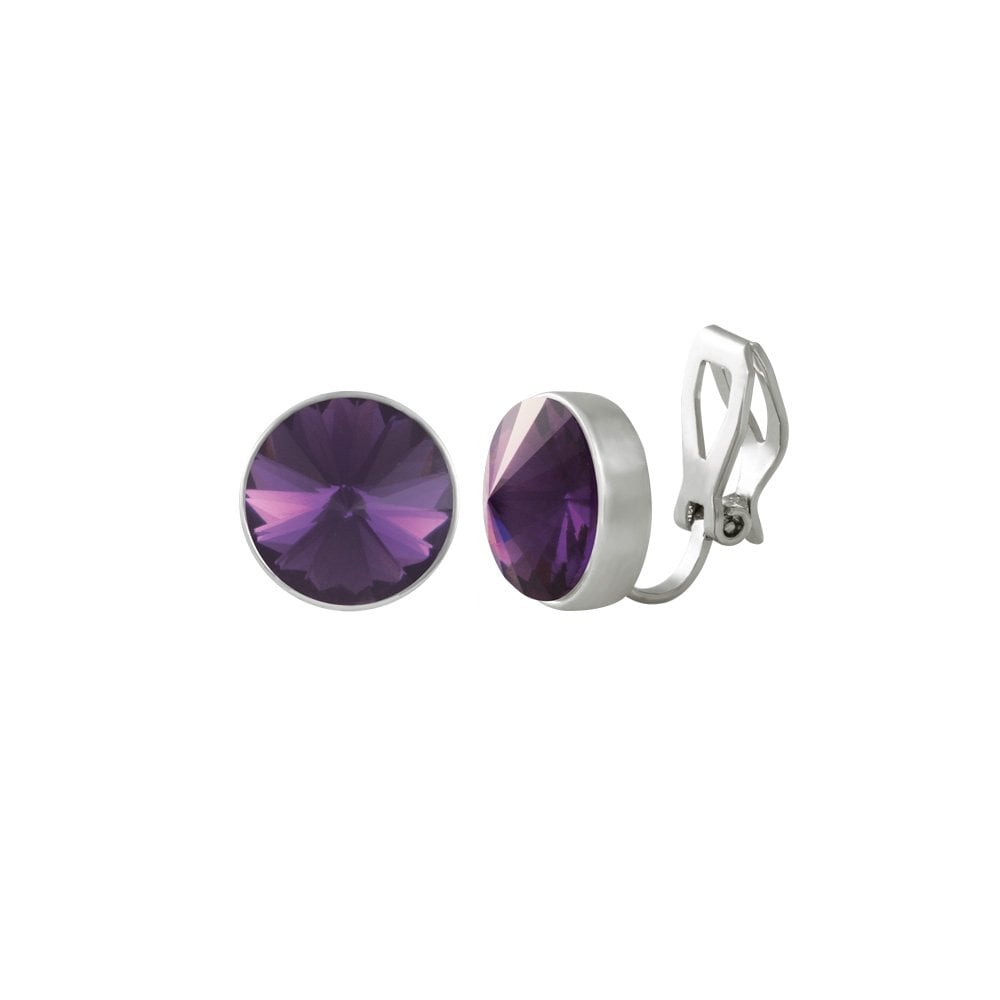 Treasure Purple Velvet Crystal Silver Tone Stud Clip On Earrings