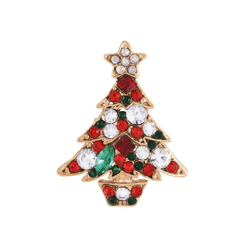 Yuletide Multi Coloured Crystal Christmas Tree Rose Gold Tone Brooch