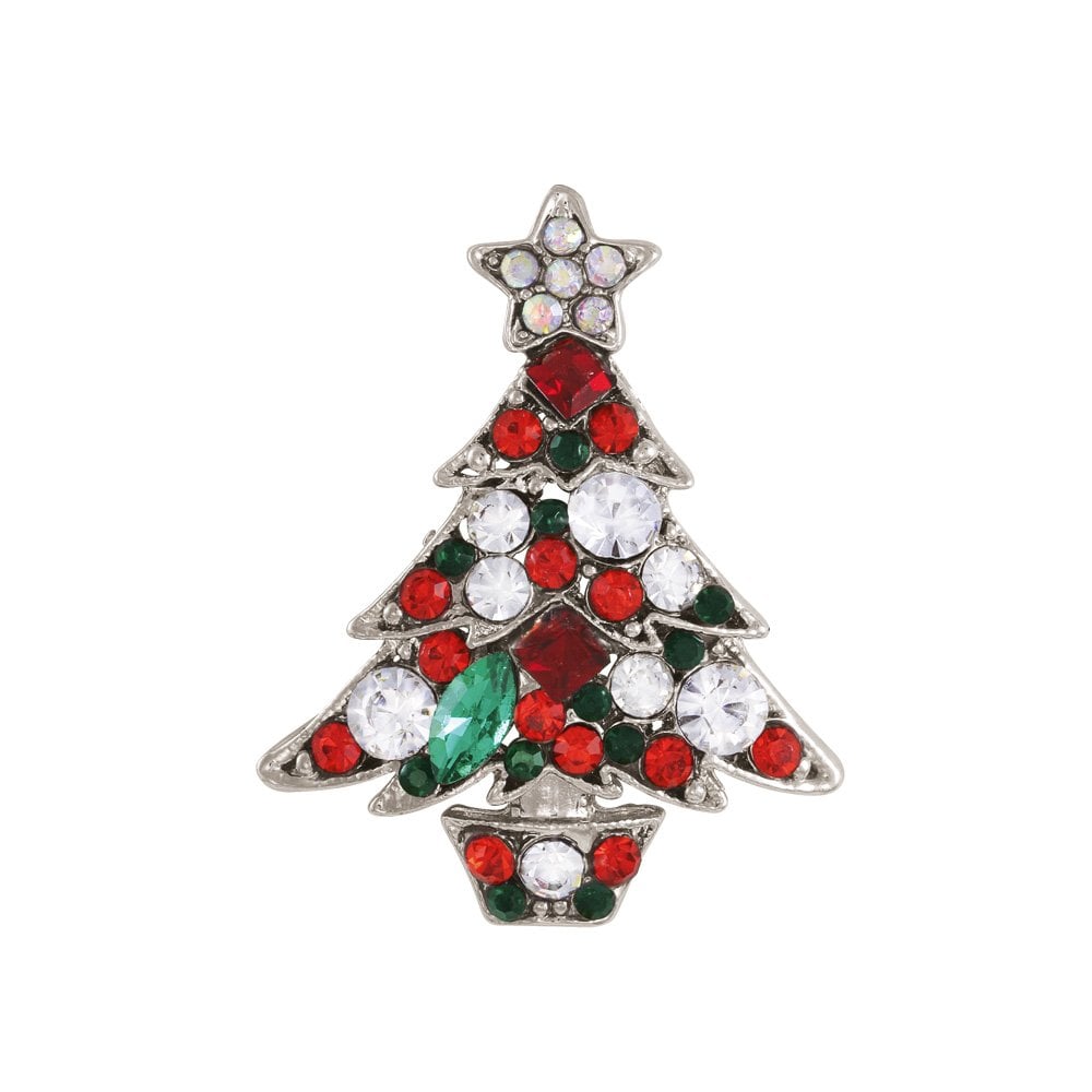 Yuletide Multi Austrian Crystal Silver Tone Christmas Tree Brooch