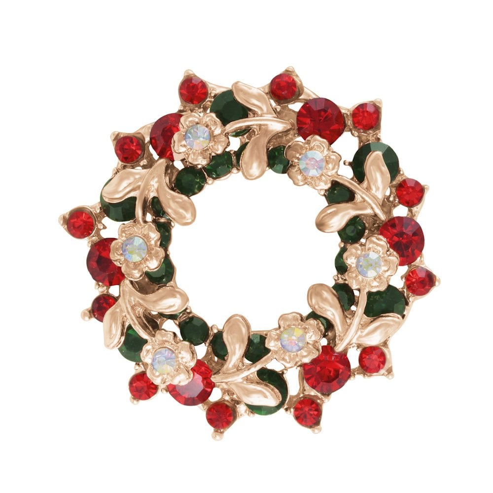 Festive Wreath Multi Coloured Austrian Crystal Rose Gold Tone Brooch