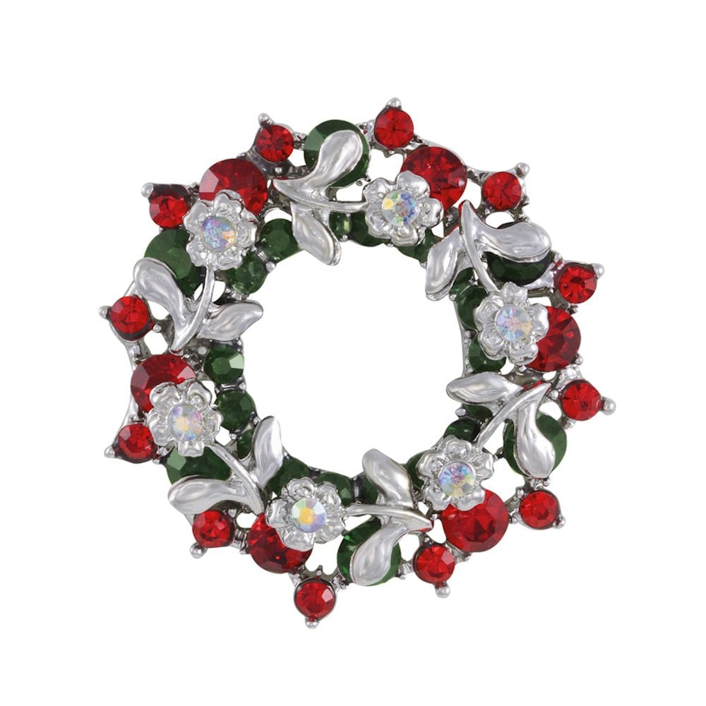 Festive Wreath Multi Coloured Austrian Crystal Silver Tone Brooch
