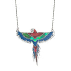 Red Macaw Paua Shell and Resin Silver Tone Bird Pendant Necklace