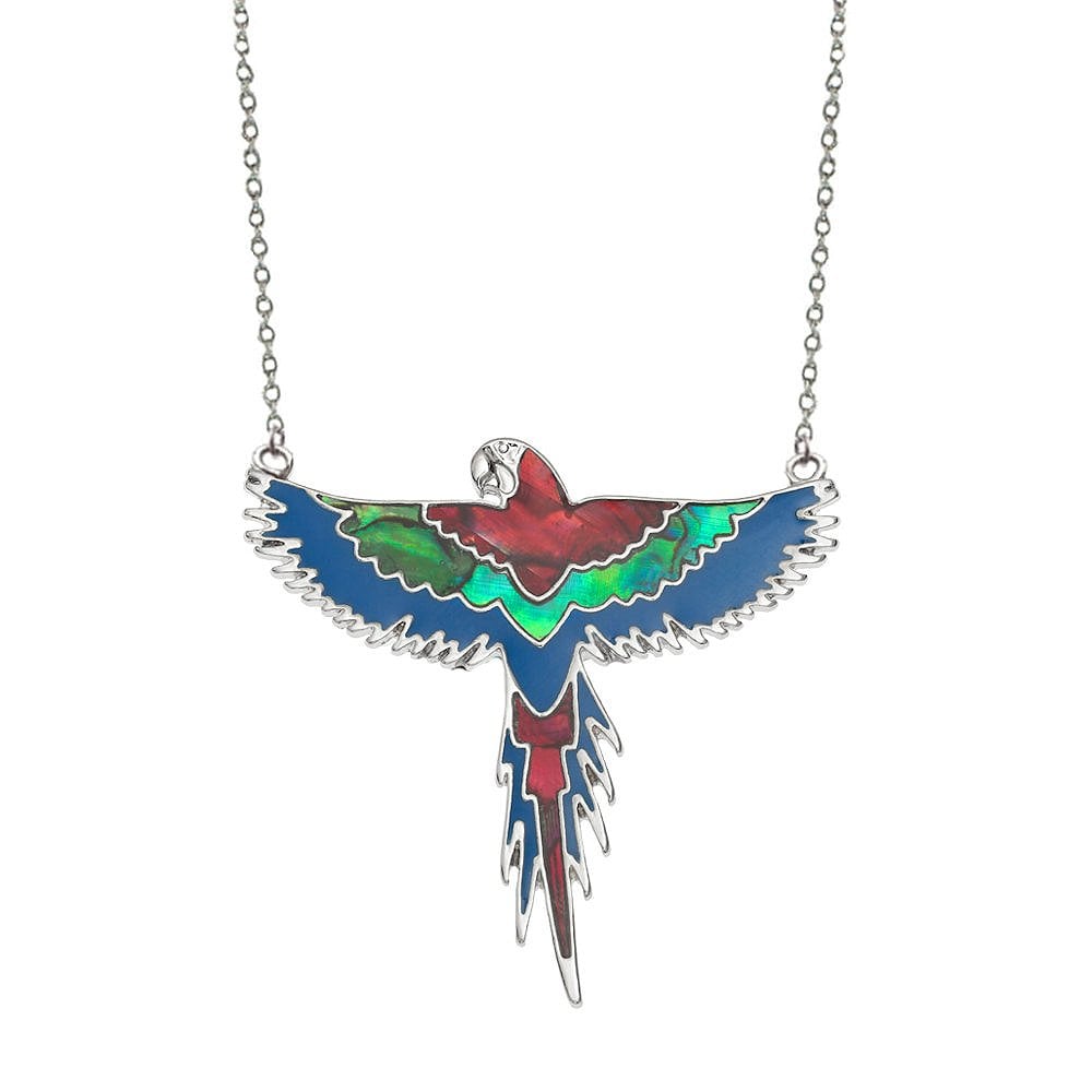Red Macaw Paua Shell and Resin Silver Tone Bird Pendant Necklace