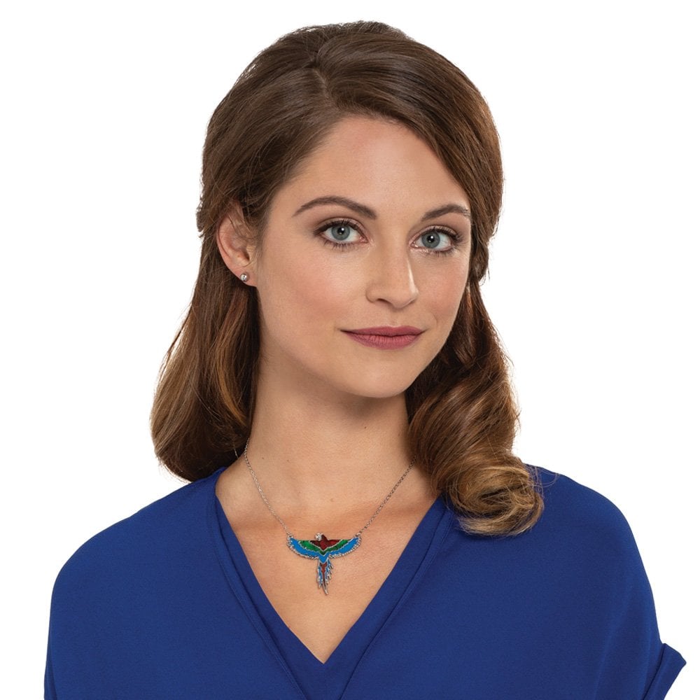 Red Macaw Paua Shell and Resin Silver Tone Bird Pendant Necklace