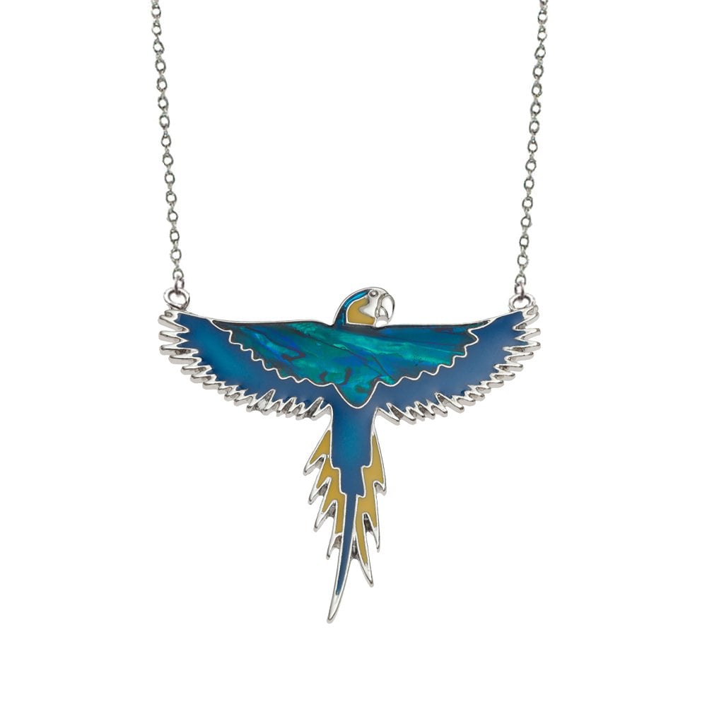 Blue Macaw Paua Shell and Resin Silver Tone Bird Pendant Necklace