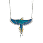 Blue Macaw Paua Shell and Resin Silver Tone Bird Pendant Necklace