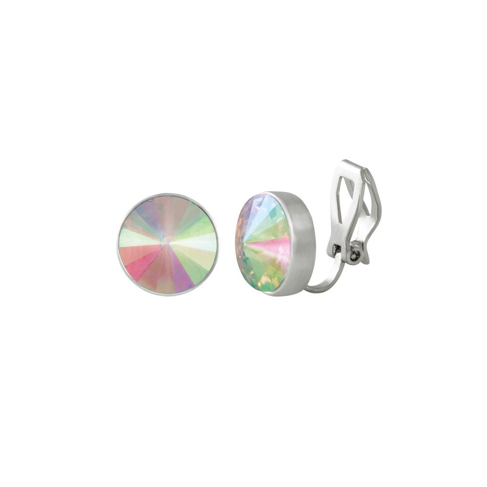 Treasure Aurora Borealis Crystal Silver Tone Stud Clip On Earrings