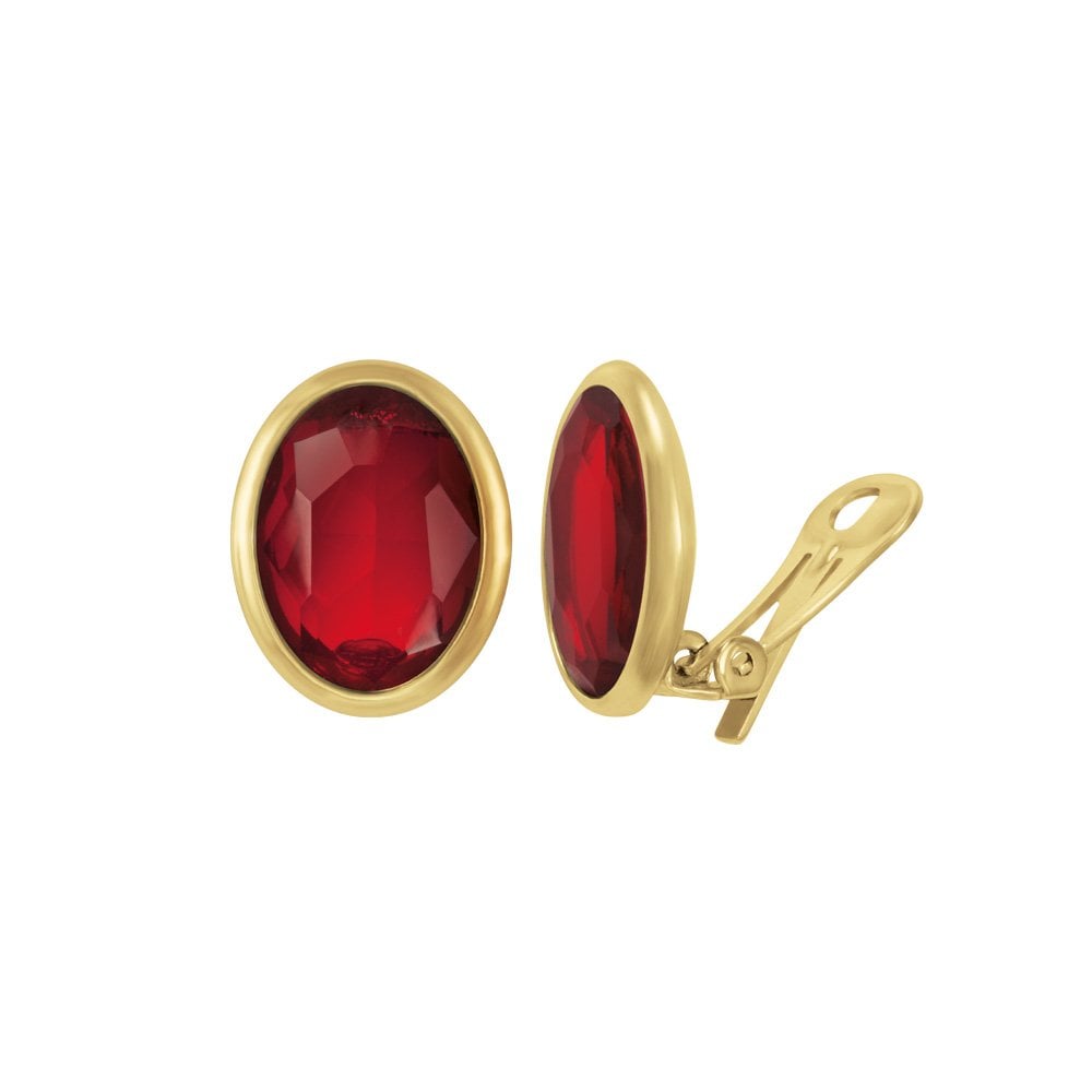 Precious Light Siam Red Crystal Oval Gold Tone Stud Clip On Earrings