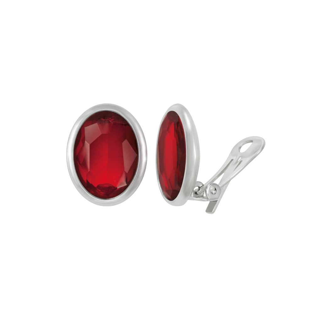 Precious Light Siam Red Crystal Oval Silver Tone Stud Clip On Earrings