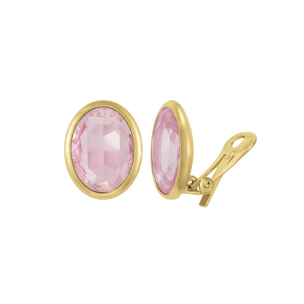 Precious Rose Pink Crystal Oval Gold Tone Stud Clip On Earrings