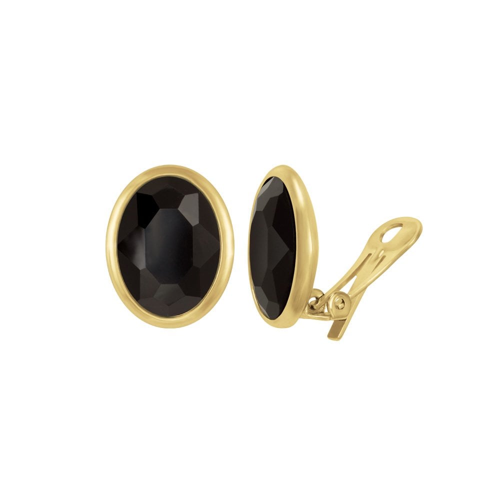 Precious Jet Black Crystal Oval Gold Tone Stud Clip On Earrings