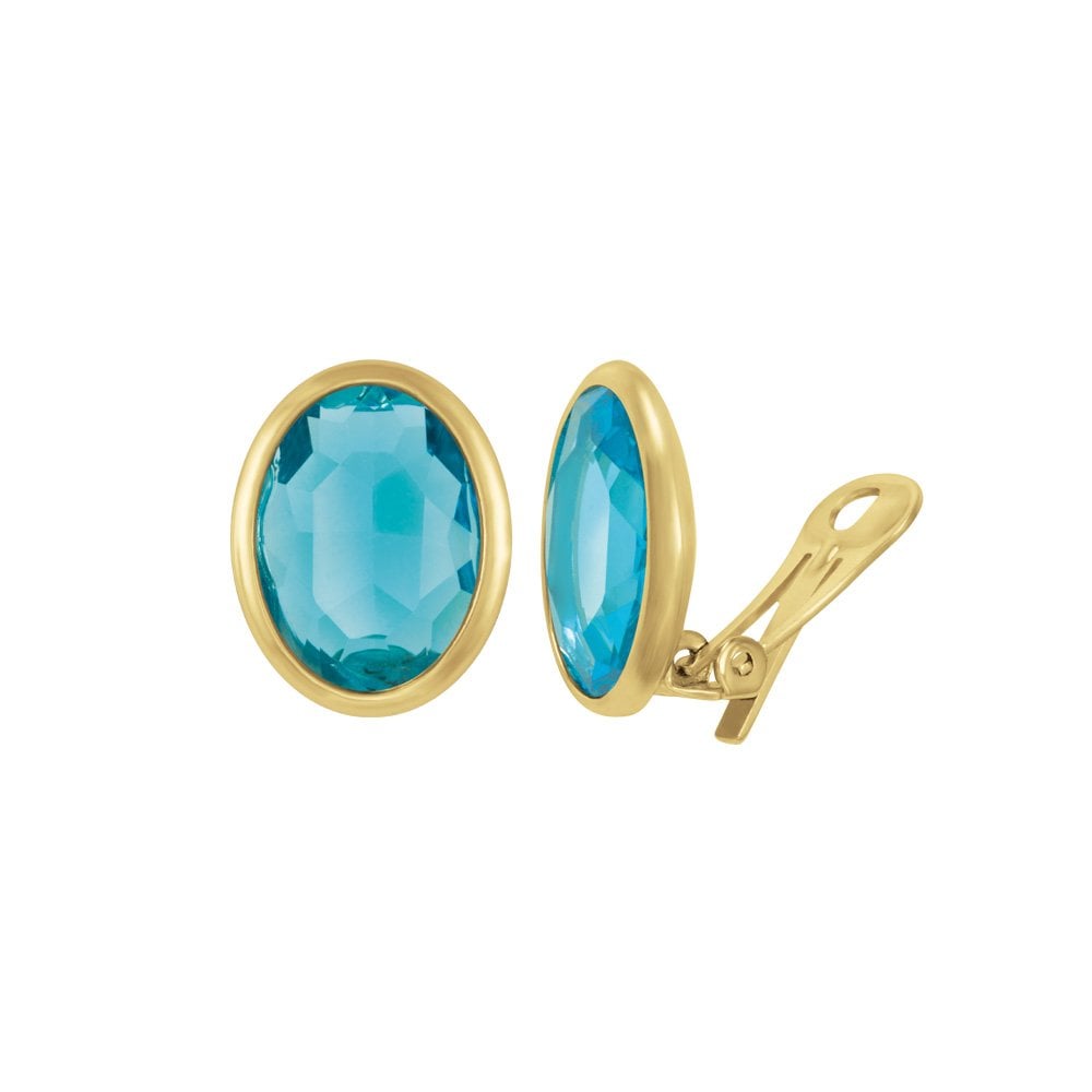 Precious Turquoise Crystal Oval Gold Tone Stud Clip On Earrings