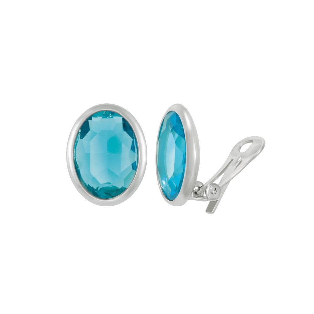 Precious Turquoise Crystal Oval Silver Tone Stud Clip On Earrings