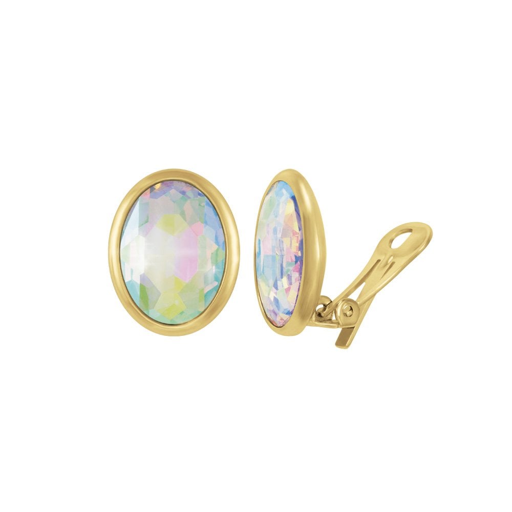 Precious Aurora Borealis Crystal Oval Gold Tone Stud Clip On Earrings