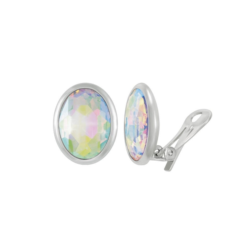 Precious Aurora Borealis Crystal Oval Silver Tone Stud Clip On Earrings