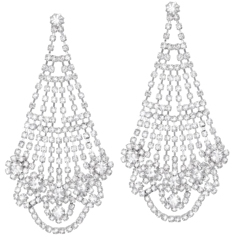 Hollywood Diamante Silver Tone Drop Pierced Earrings