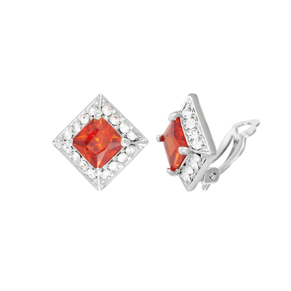 Splendour Orange Crystal & Diamante Silver Tone Stud Clip On Earrings