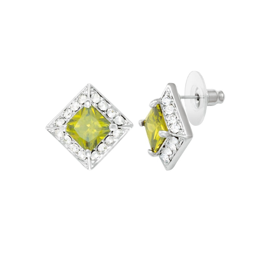 Splendour Peridot Crystal & Diamante Silver Tone Stud Pierced Earrings