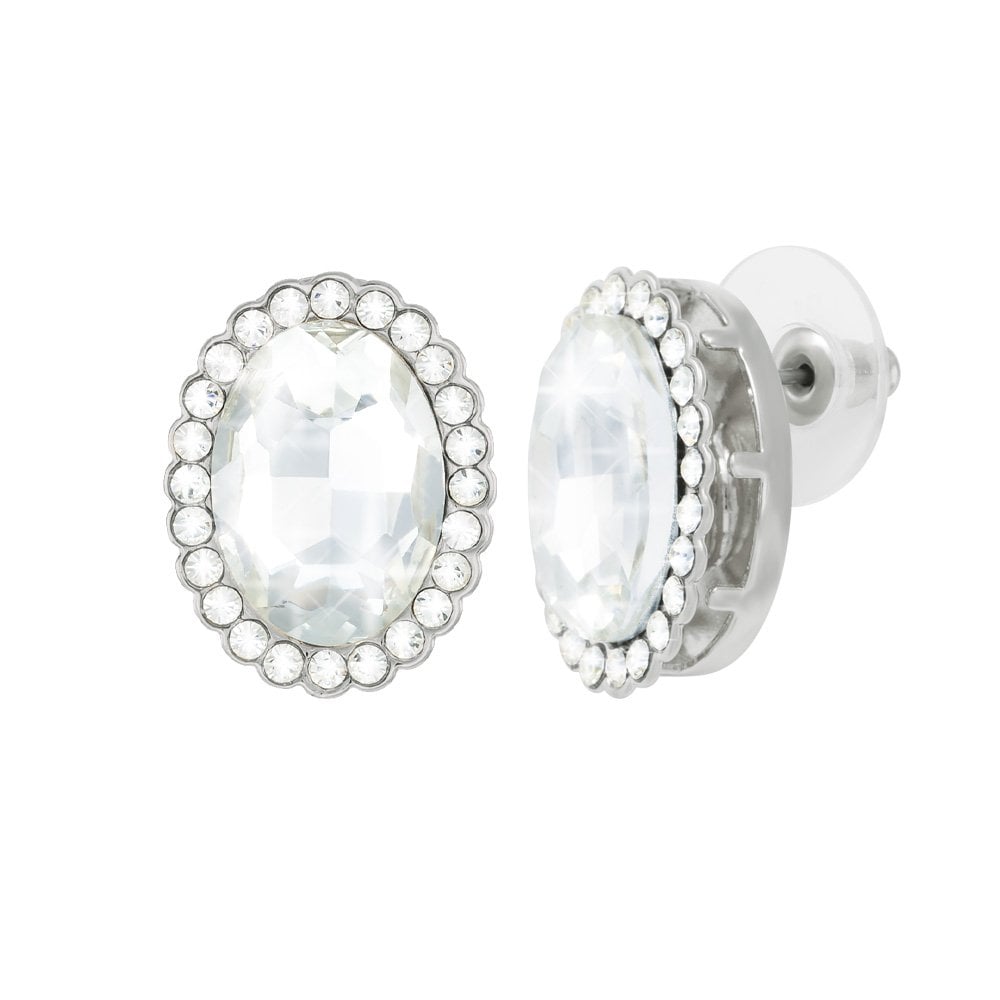 Countess Oval Clear Crystal Silver Tone Stud Pierced Earrings