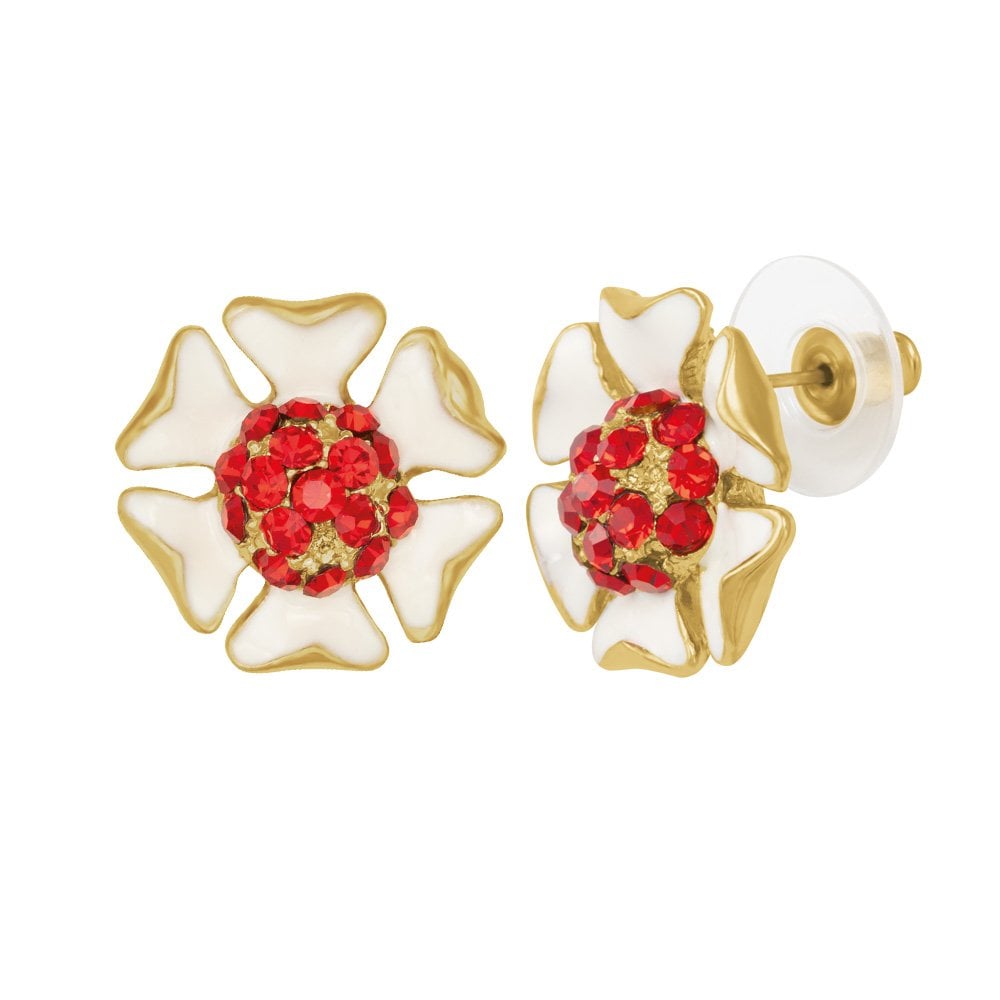Delicious White Enamel and Red Crystal Gold Tone Stud Pierced Earrings