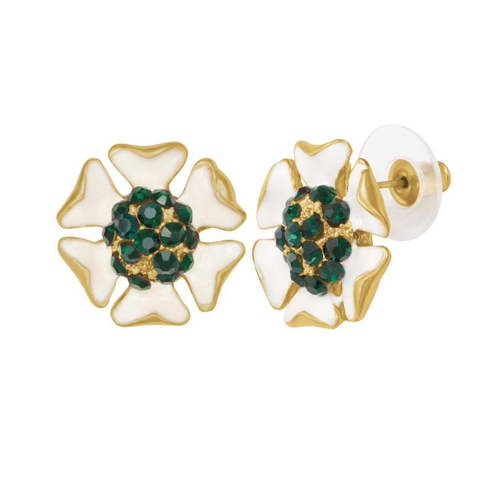 Delicious White Enamel and Emerald Crystal Gold Tone Stud Pierced Earrings