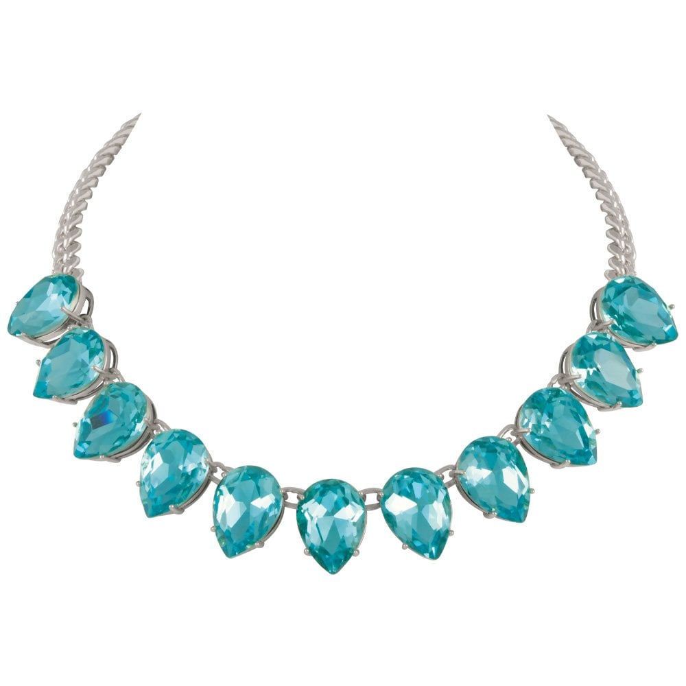 Seduction Teardrop Aquamarine Crystal Silver Tone Fashion Necklace