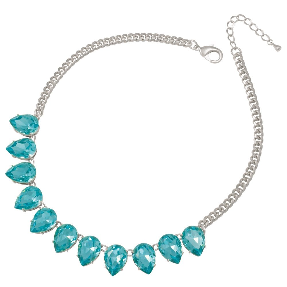 Seduction Teardrop Aquamarine Crystal Silver Tone Fashion Necklace