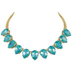 Seduction Teardrop Aquamarine Crystal Gold Tone Fashion Necklace