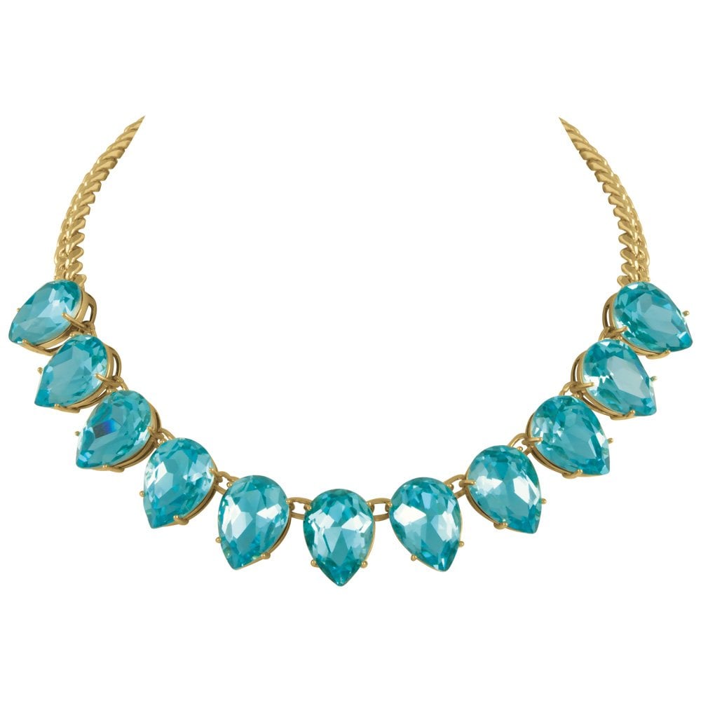 Seduction Teardrop Aquamarine Crystal Gold Tone Fashion Necklace