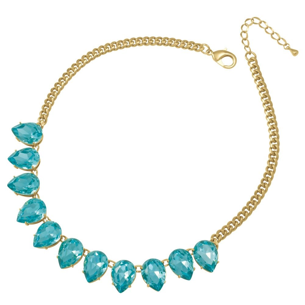 Seduction Teardrop Aquamarine Crystal Gold Tone Fashion Necklace