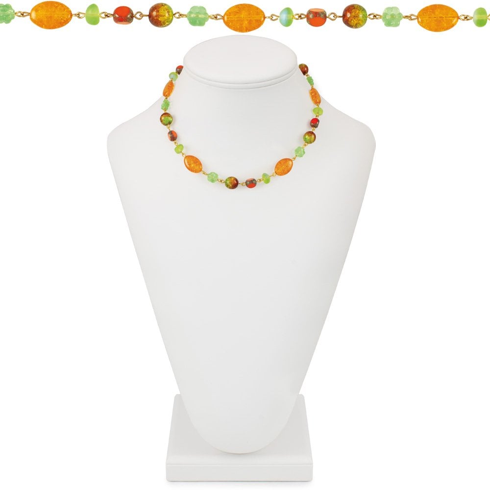 Belize Orange and Green Czech Glass 18 Inch Gold Tone Beaded Necklace