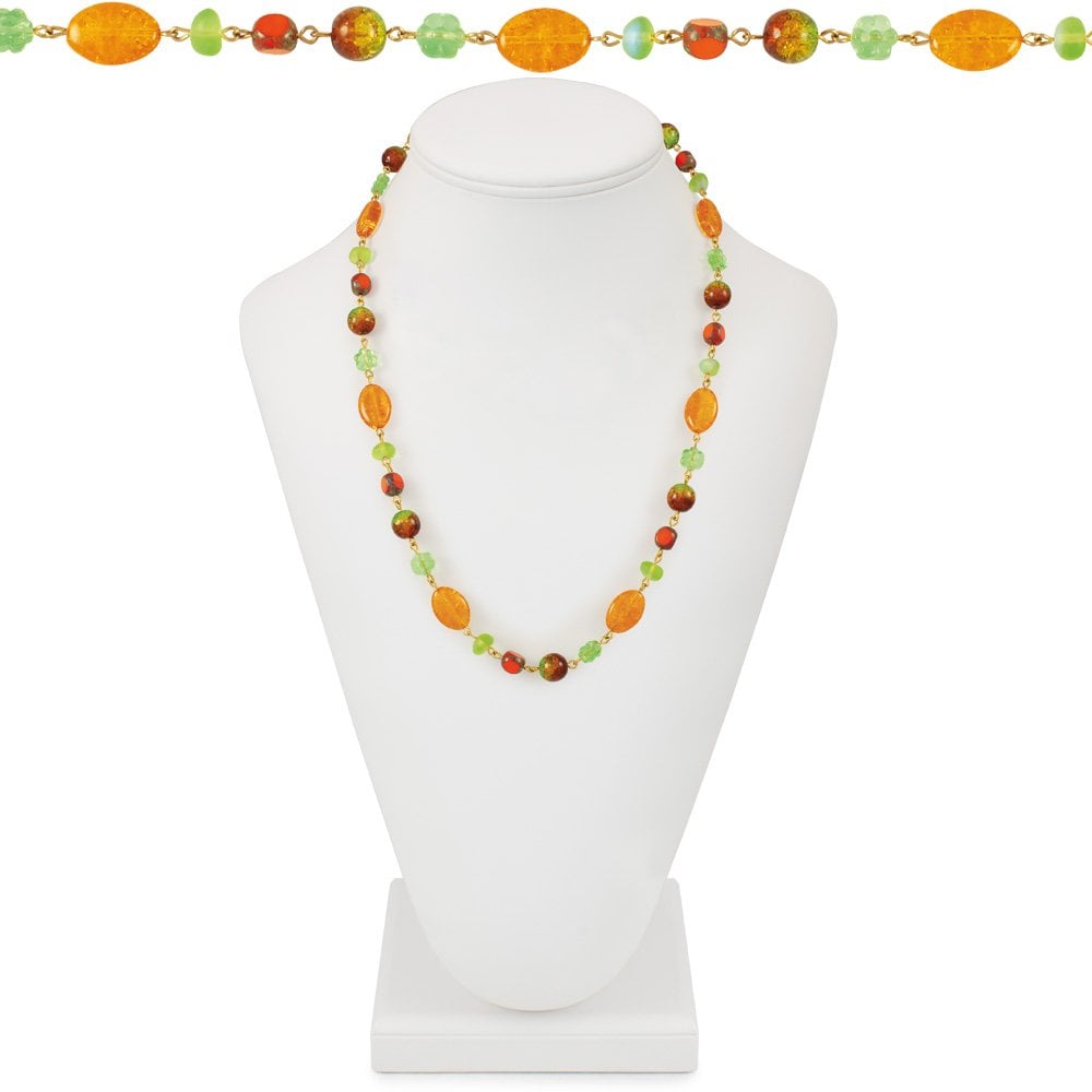 Belize Orange and Green Czech Glass 26 Inch Gold Tone Beaded Necklace
