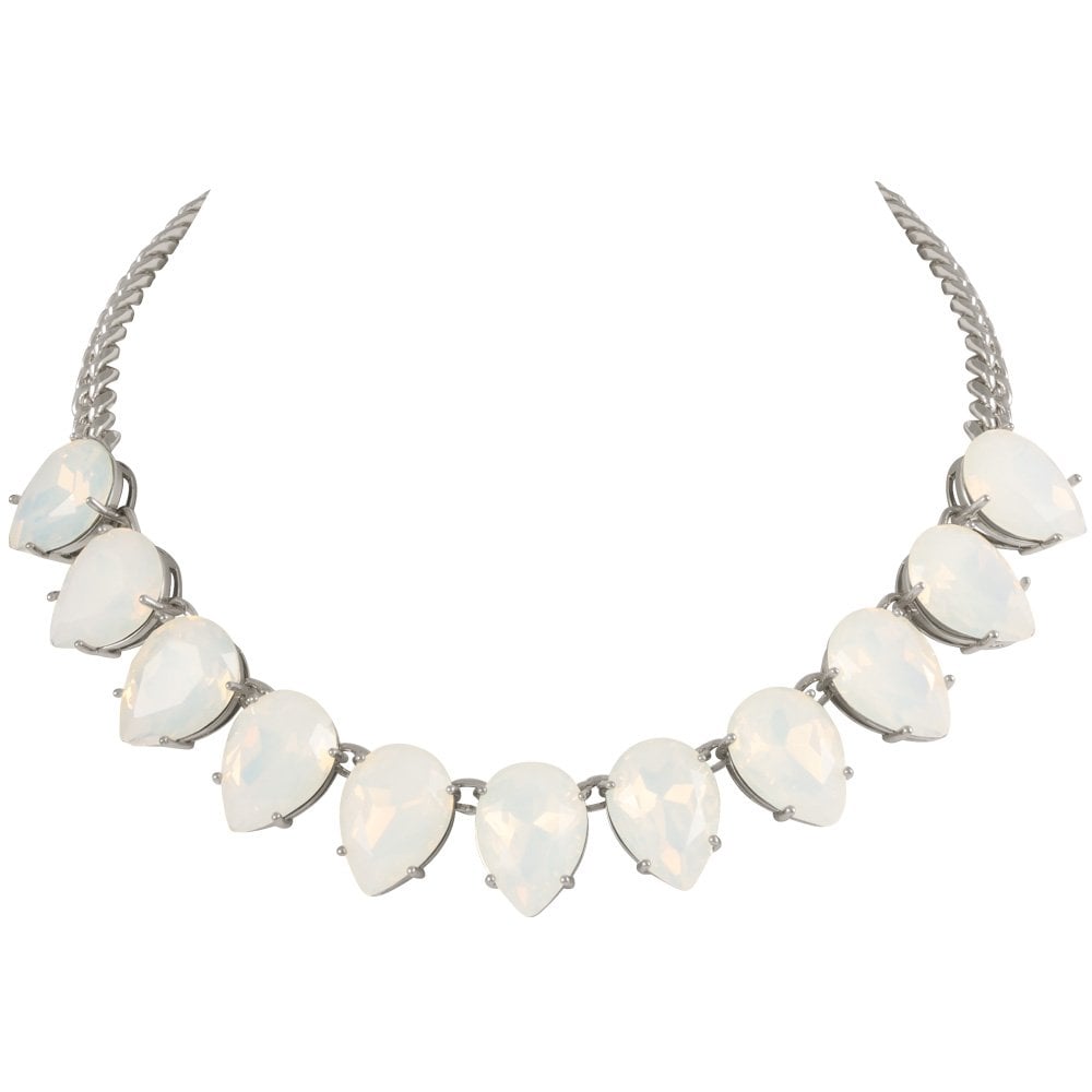 Seduction Teardrop White Opal Crystal Silver Tone Fashion Necklace