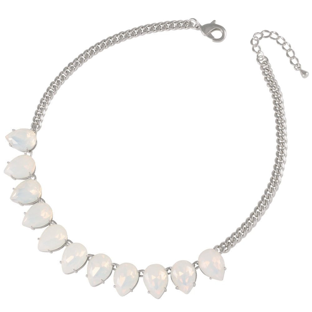 Seduction Teardrop White Opal Crystal Silver Tone Fashion Necklace