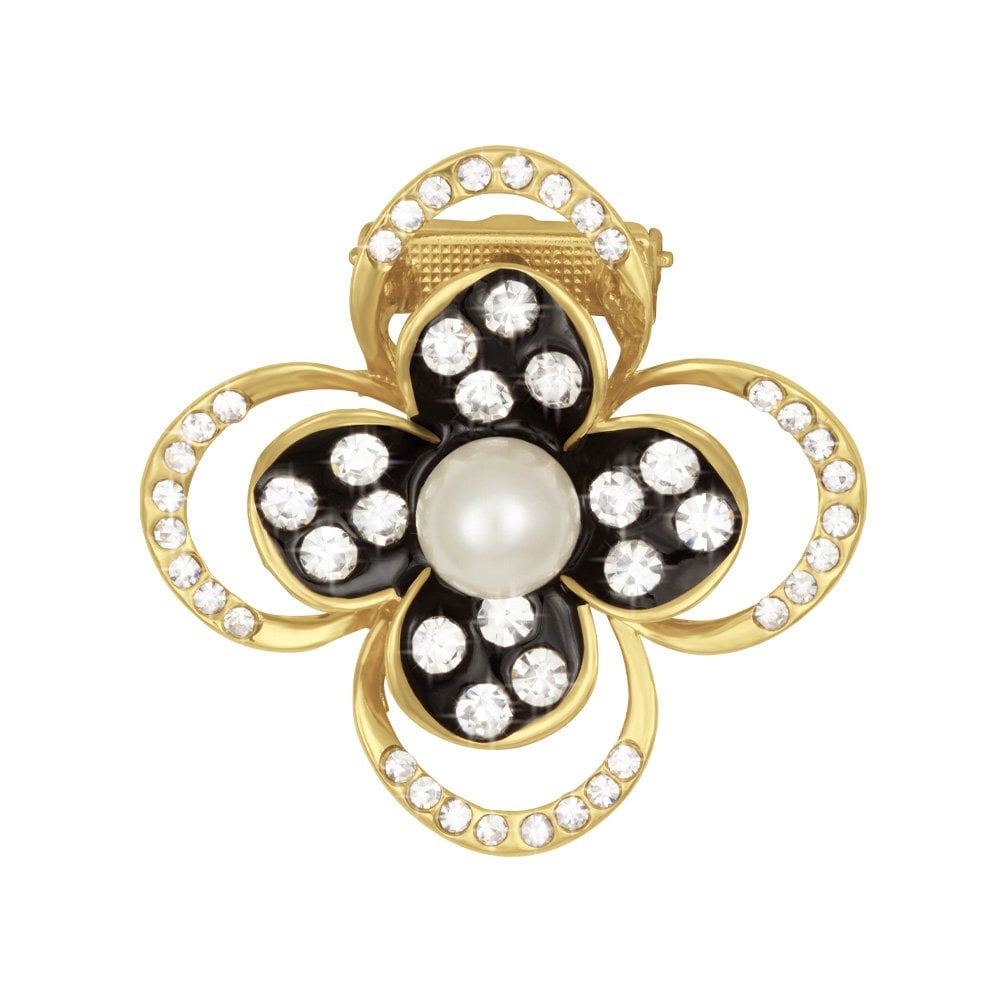 Noir Black Enamel and Crystal Flower Scarf Clip