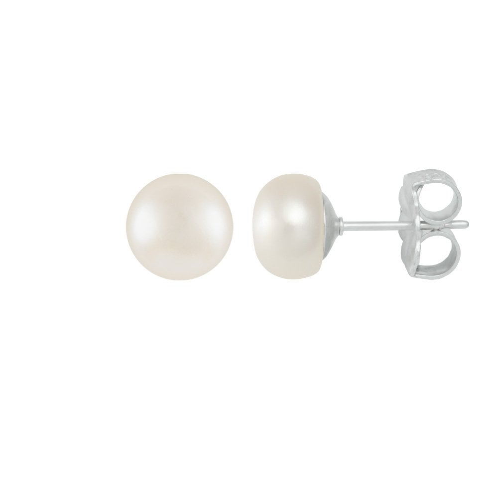 Freshwater AAA White Button Pearl Sterling Silver Stud Pierced Earrings