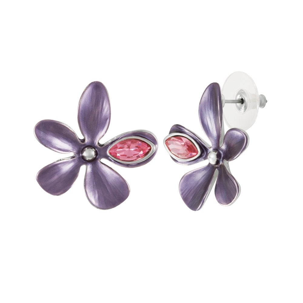 Bouquet Purple Enamel and Crystal Silver Tone Stud Pierced Earrings