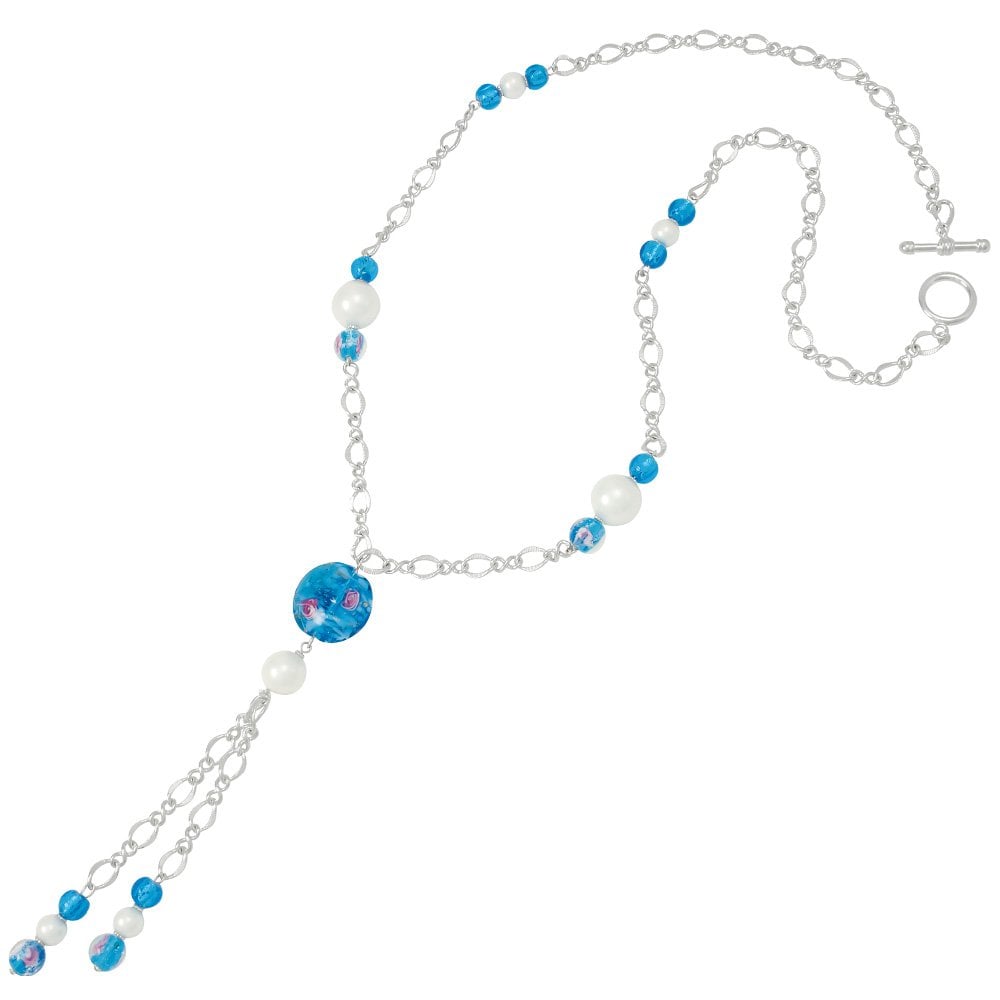 Chiara Turquoise Murano Glass Long Silver Tone Statement Necklace