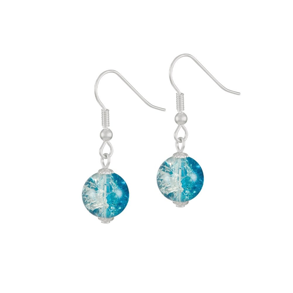 Carnival Turquoise Czech Glass Crackle Bead Silver Tone Drop Pierced Earrings