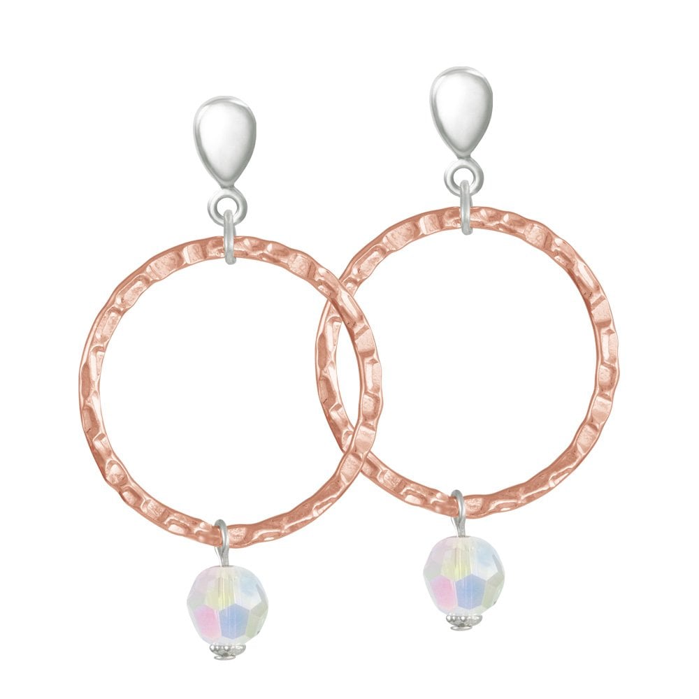 Infinito Rose Gold and Aurora Borealis Crystal Drop Hoop Clip On Earrings