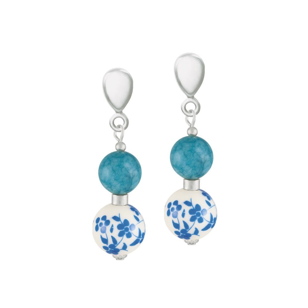 Meadow Aqua Floral Silver Tone Drop Clip On Earrings